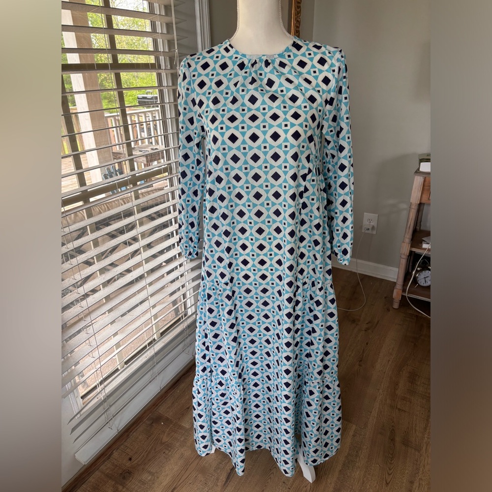 Zara The Isa blue and white geometric print caftan dress EUC Size XS